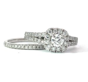 14kt white gold diamond bridal set with cushion tw 1.00cts SI1, near colorless H