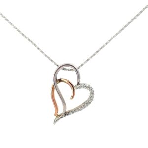 14kt two tone rose and white double interlocking heart pendant tw 0.07cts SI, H