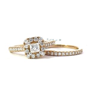 14kt yellow gold diamond cushion halo bridal set tw 1.00cs SI, near colorless H/I