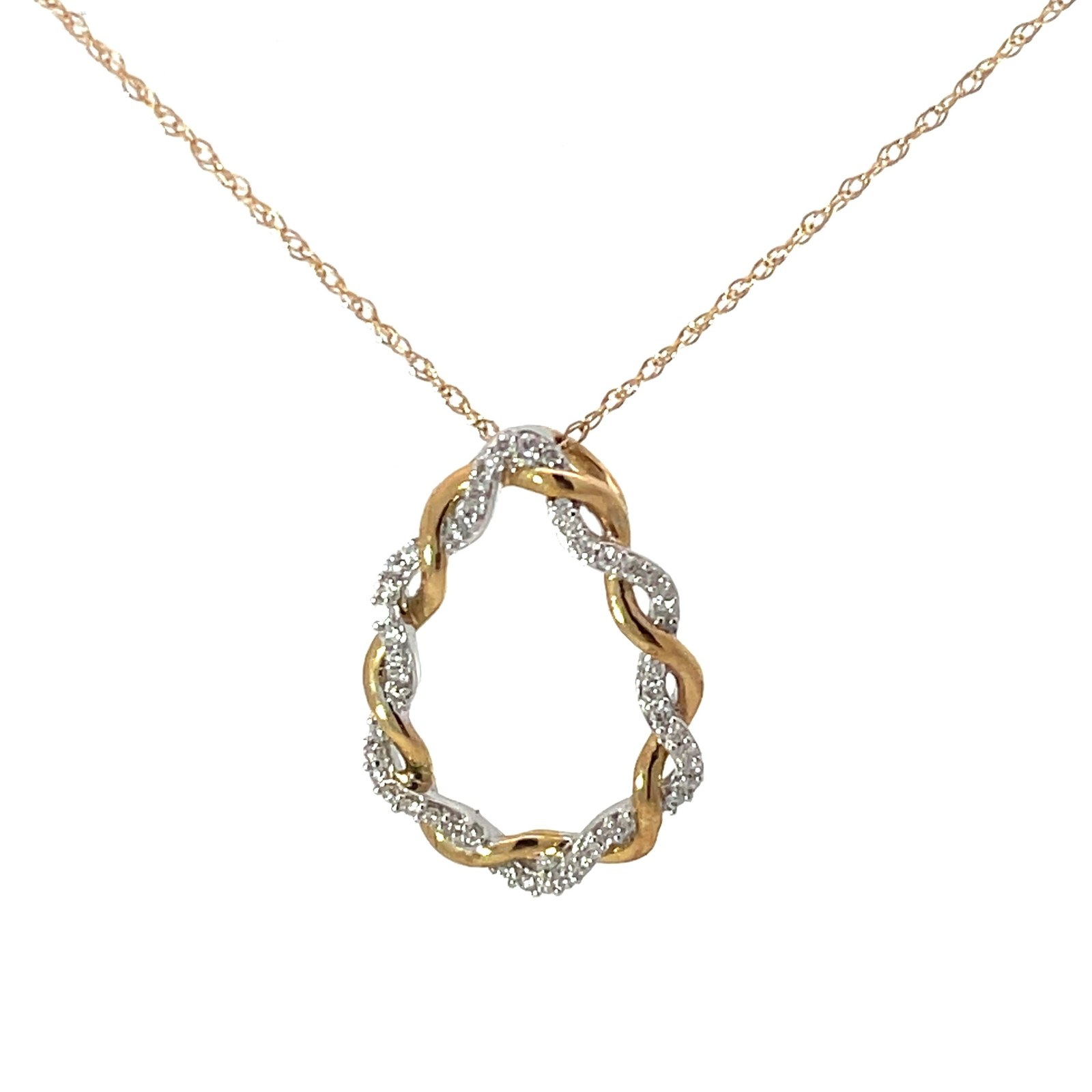 B 14kt two tone diamond twisted necklace on machine made rope D tw 0.13cts SI, near colorless I