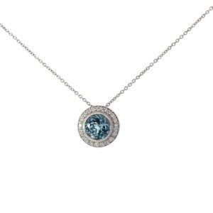 14kt white gold diamond and aquamarine halo pendant on 18" chain D tw 0.20cts A tw 1.20cts SI1, G/H