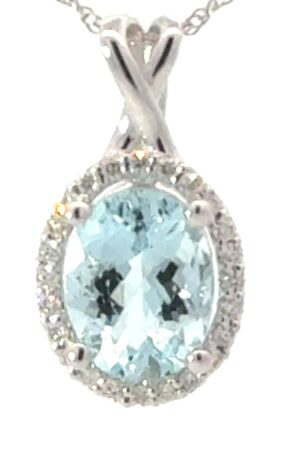 14kt white gold diamond and aquamarine pendant on machine made rope 18" A tw 1.60 D tw 0.12cts SI, G/H