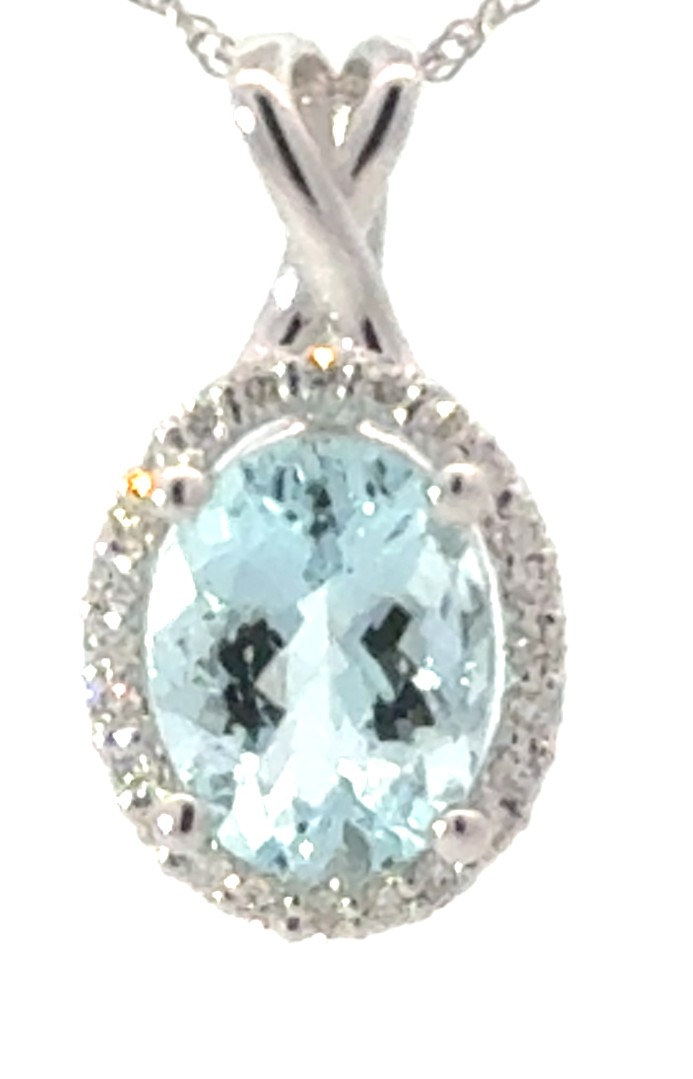 B 14kt white gold diamond and aquamarine pendant on machine made rope 18" A tw 1.60 D tw 0.12cts SI, G/H