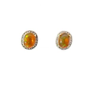 14kt yellow gold opal and diamond halo earrings Opal tw 1.36cts D tw 0.16cts