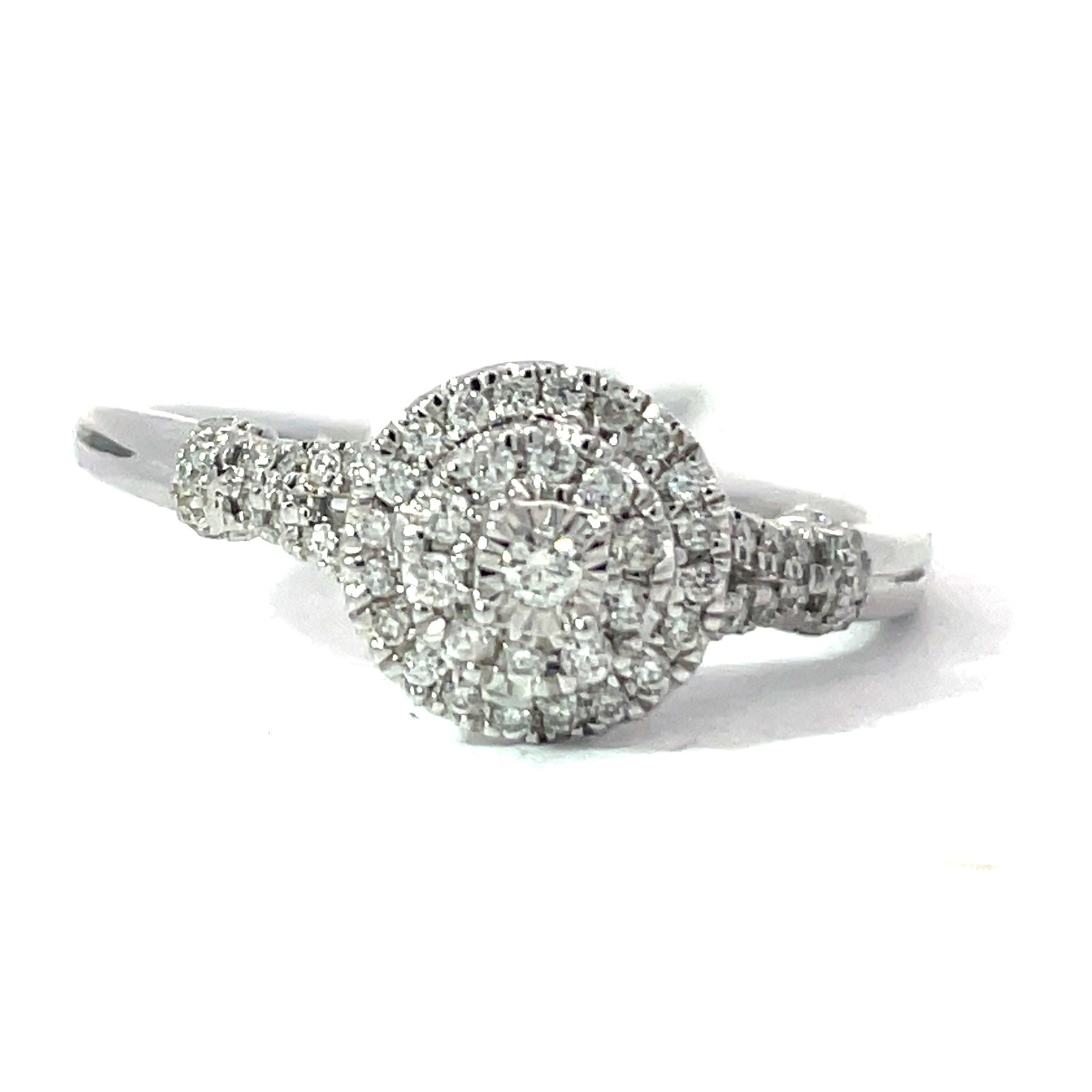 B 14kt white gold diamond double halo illusion cluster ring D tw 1/5ct SI, G/H