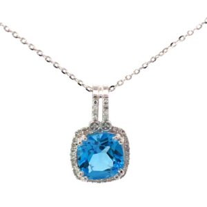 14kt white gold swiss blue topaz cushion shape diamond halo pendant D tw 0.11cts BT tw 2.27cts 18" SI, H