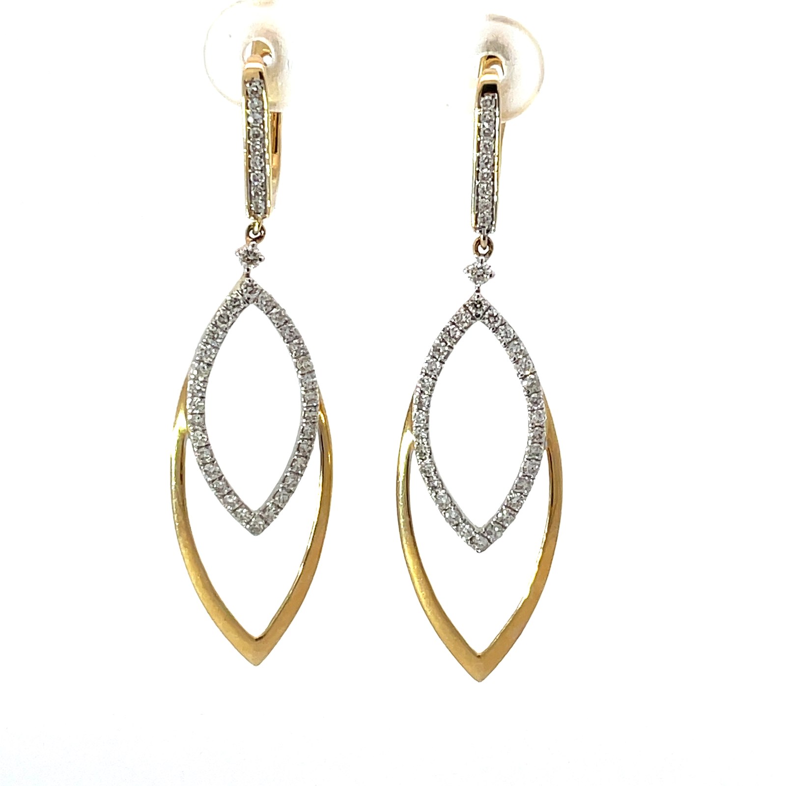 B .jpg 14kt two tone diamond dangle fashion earring with locking back D tw 0.65cts SI1, near colorelss H color