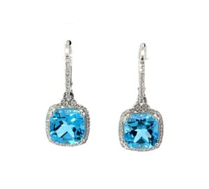 14kt white gold diamond and blue topaz dangle halo earring D tw 0.23cts BT tw 5.42cts SI, H