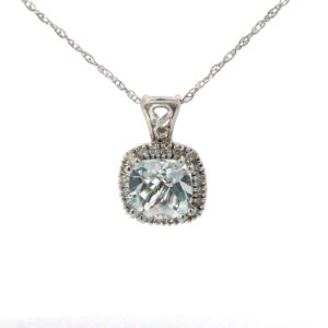 14kt wg gold diamond and aquamarine cushion checkerboard stone pendant 18" Dtw 0.14cts Q tw 1.68cts