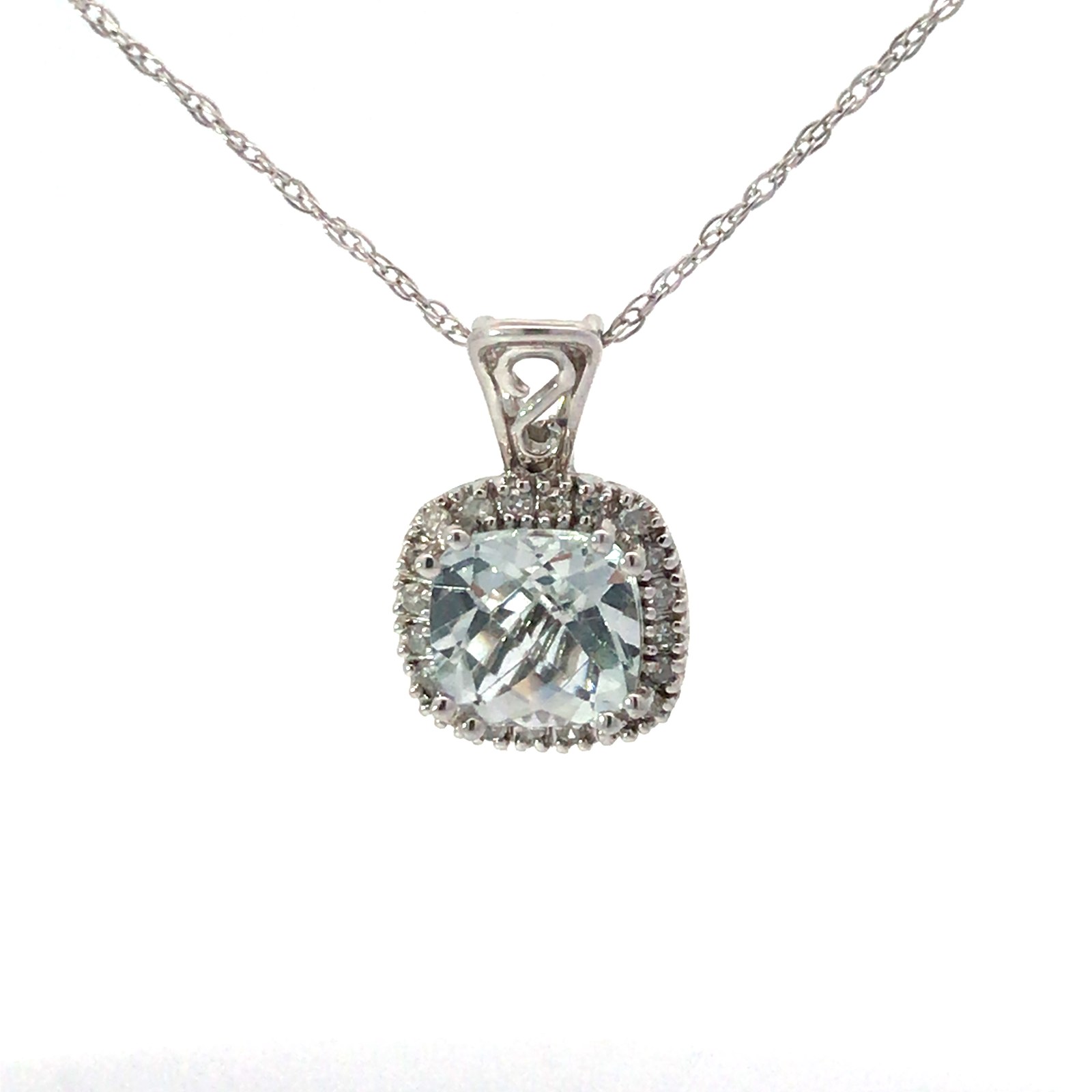 B .jpg 14kt wg gold diamond and aquamarine cushion checkerboard stone pendant 18" Dtw 0.14cts Q tw 1.68cts