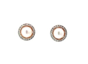 10kt rose gold dimaond and cultured pearl halo earring D tw 0.20cts P 6mm