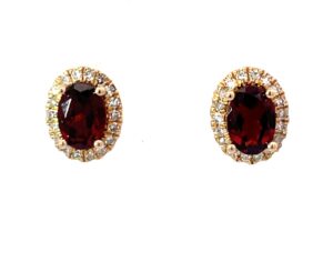 14kt yellow gold garnet and diamond halo oval stud earring D tw 0.27cts G tw 1.50cts SI, H