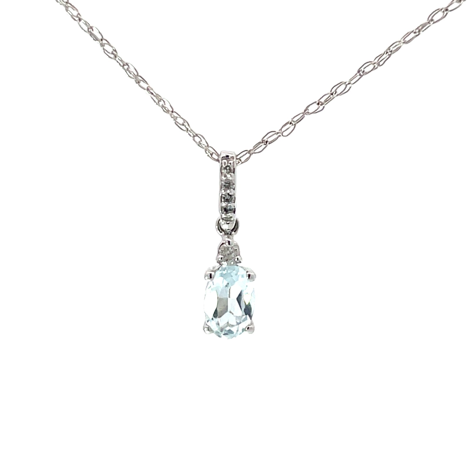 B .jpg 14kt white gold diamond and genuine aquamarine pendant D tw 0.40cts D tw 0.03cts SI clarity, near colorless I color on 18"