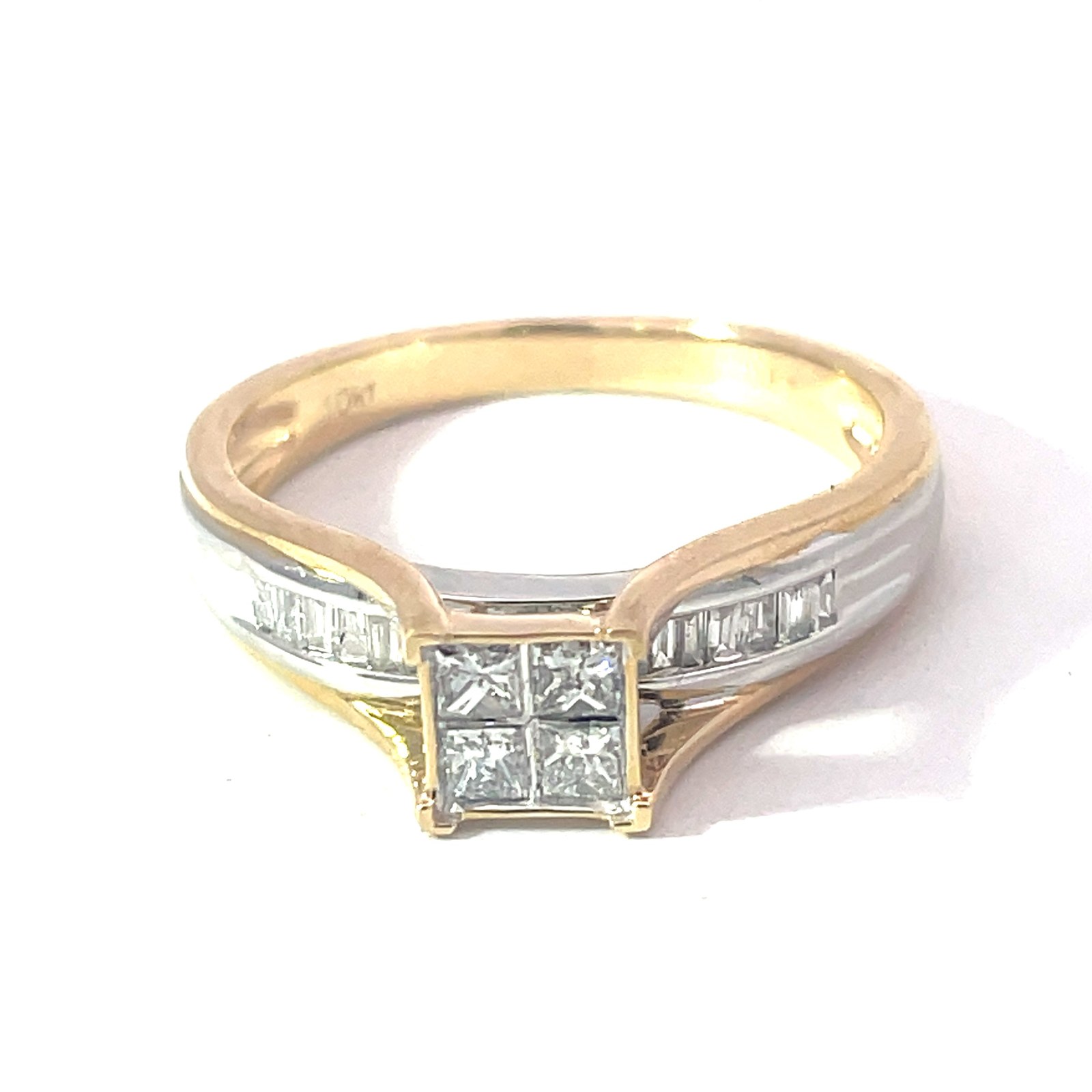 B .jpg 10kt two tone diamond princess cut cluster ring D tw 1/3ct SI2 clarity, near colorless I color