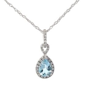 14kt white gold diamond and aquamarine halo pear shape pedant D tw 0.15cts A tw 0.61cts SI1, G