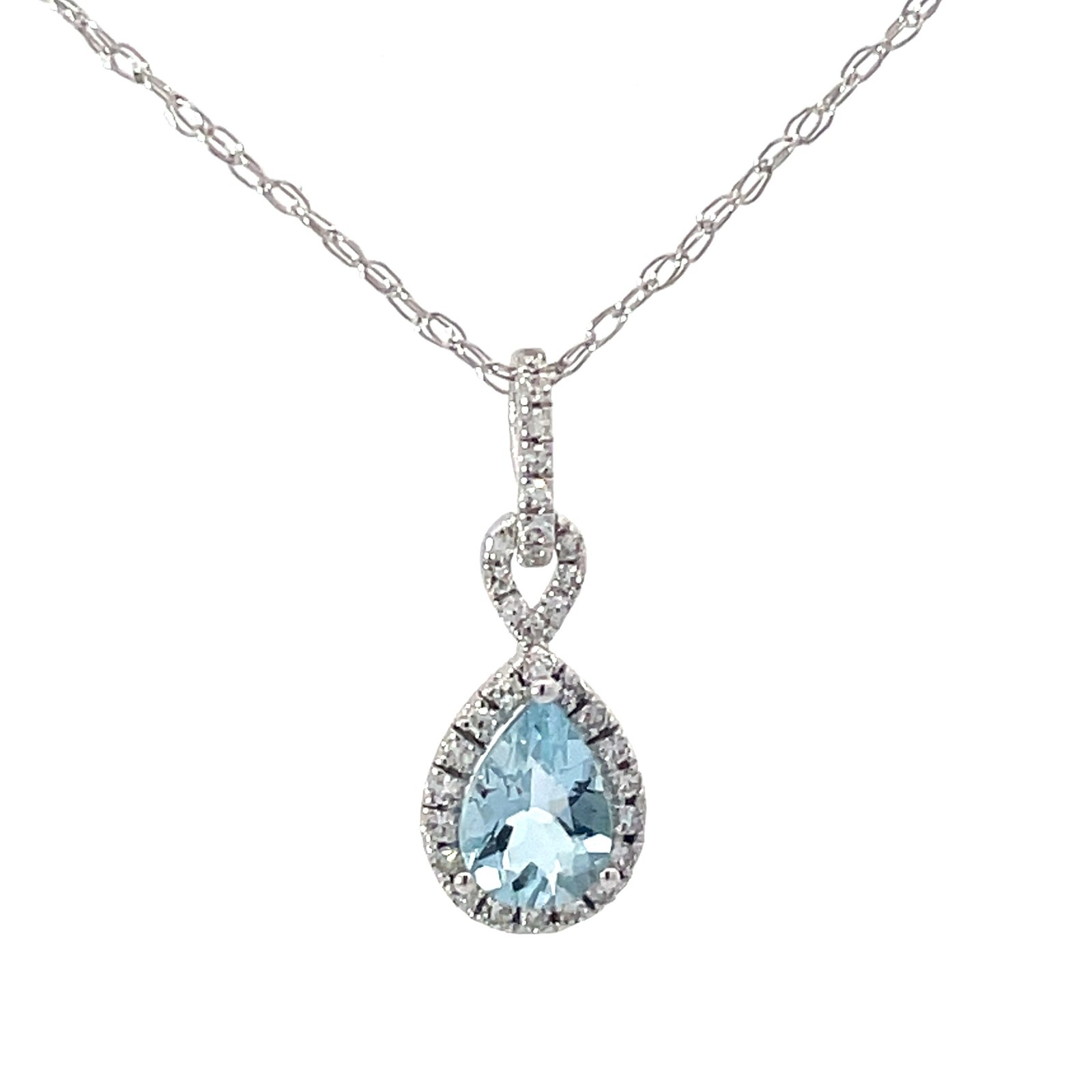 B .jpg 14kt white gold diamond and aquamarine halo pear shape pedant D tw 0.15cts A tw 0.61cts SI1, G