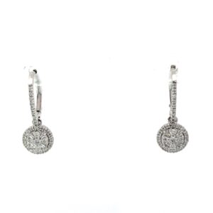 14kt white gold diamond dangle halo cluster earring on lever back closure D tw 1/2ct SI, near colorless H color