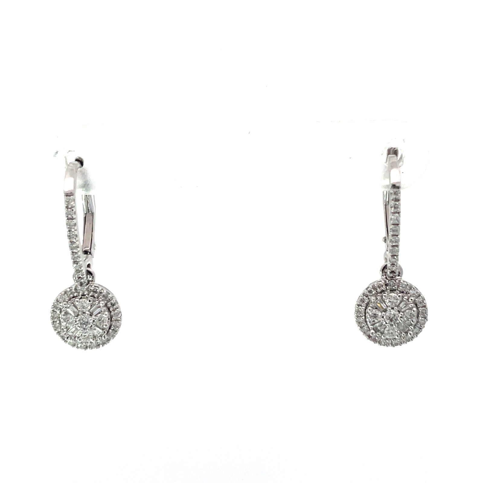 B .jpg 14kt white gold diamond dangle halo cluster earring on lever back closure D tw 1/2ct SI, near colorless H color