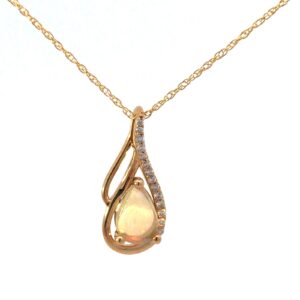 14kt yellow gold genuine opal and diamond tear drop fashion pendant D tw 0.12cts O tw 0.88cts