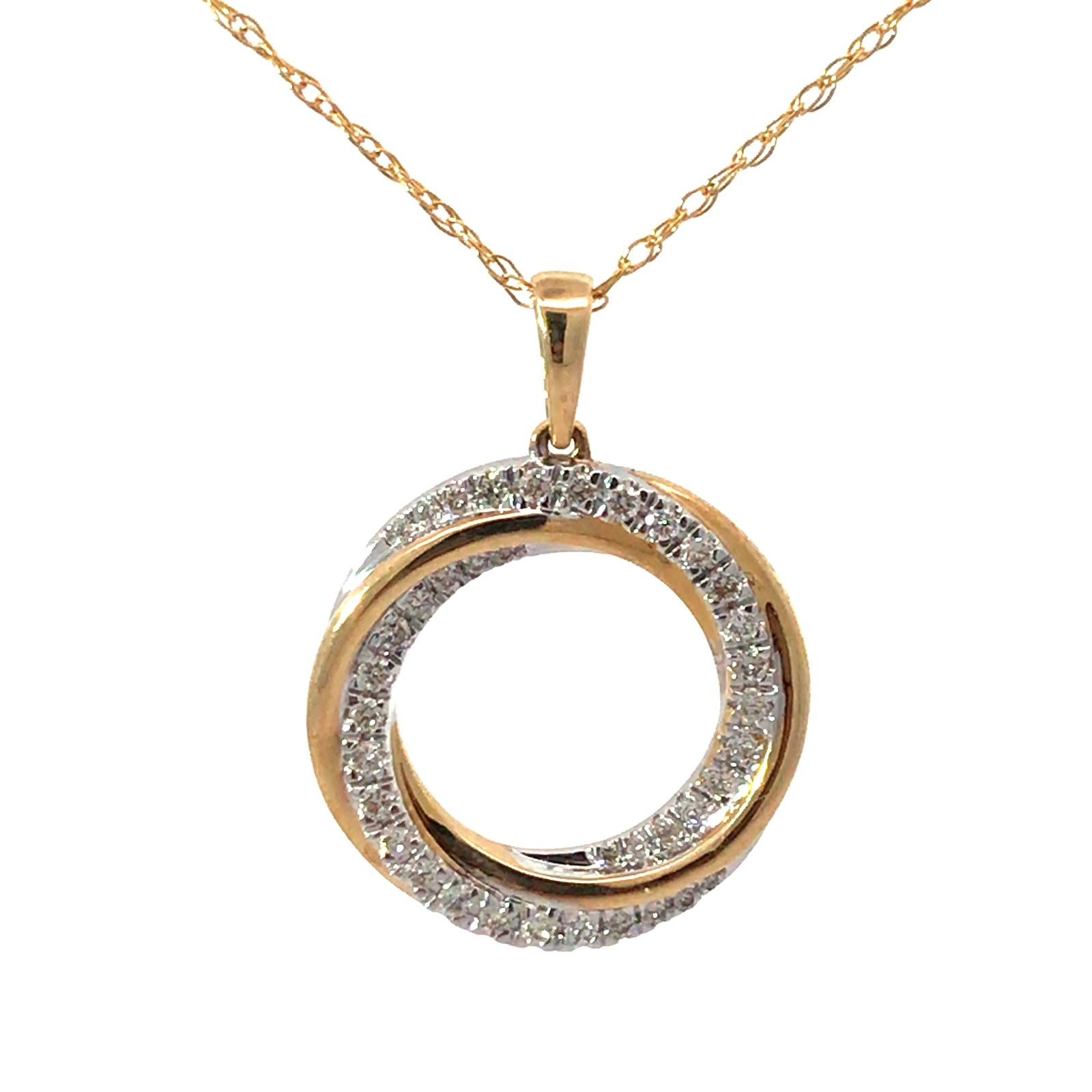 B .jpg 14kt yellow gold diamond circle pendant D tw 0.31cts SI1, near colorless H on an 18" machine made chain