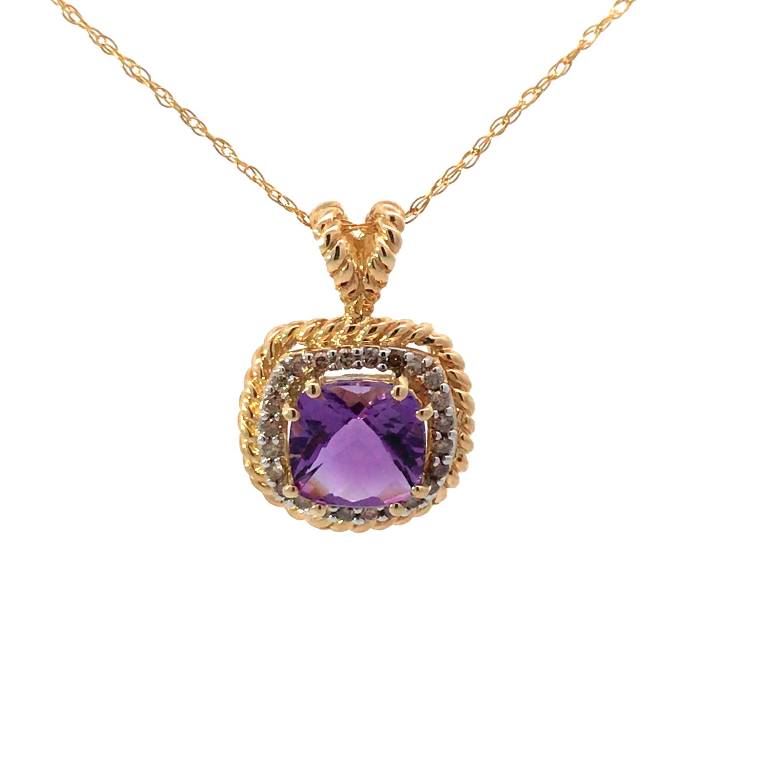 14kt yellow gold amethyst and diamond twisted cable halo pendant D tw 0.28cts A tw 2.31cts SI,