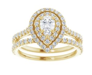 14kt yellow gold pear shape diamond double halo bridal set C 1/5ct tw 5/8cts with matching wedding band SI, near colorless G/H