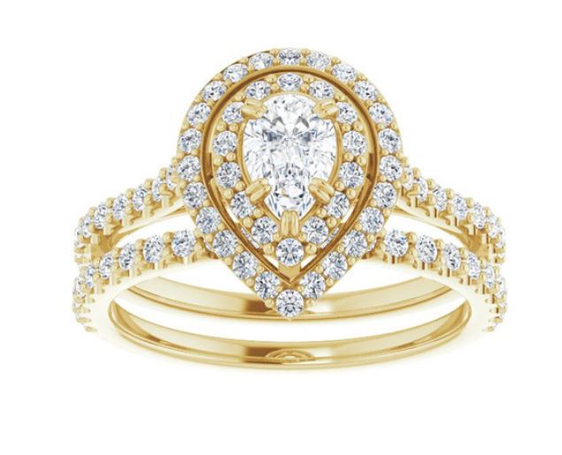 B .jpg 14kt yellow gold pear shape diamond double halo bridal set C 1/5ct tw 5/8cts with matching wedding band SI, near colorless G/H
