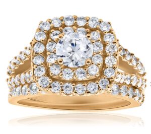 14kt tt diamond cushion double halo bridal set C tw 1/3ct tw 1.00cts with matching band SI1 clarity, near colorless H color
