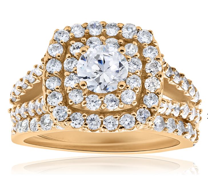 B .jpg 14kt tt diamond cushion double halo bridal set C tw 1/3ct tw 1.00cts with matching band SI1 clarity, near colorless H color