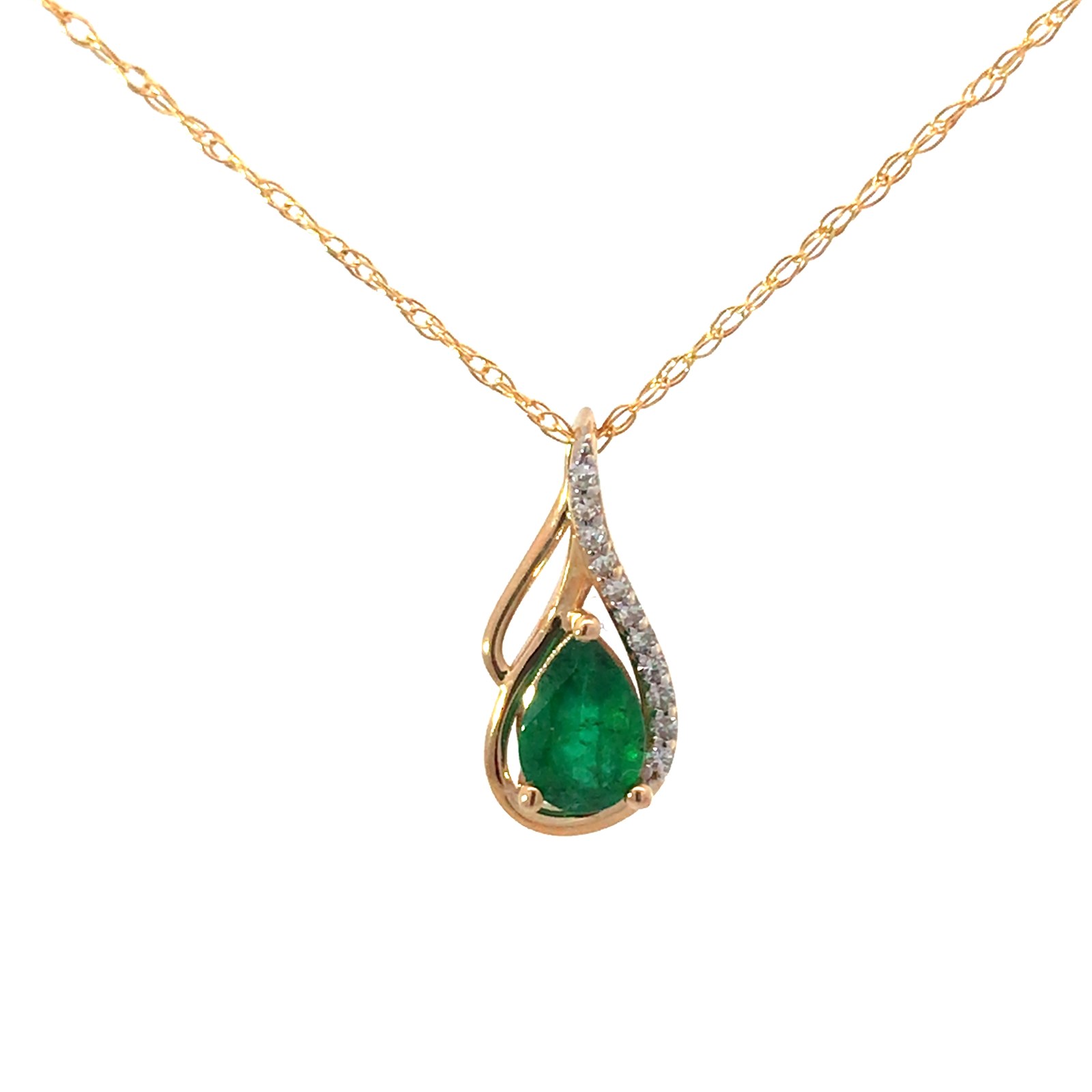 B .jpg 14kt yellow gold diamond and emerald pear shape pendant D tw 0.07cts E tw 0.65cts SI, H