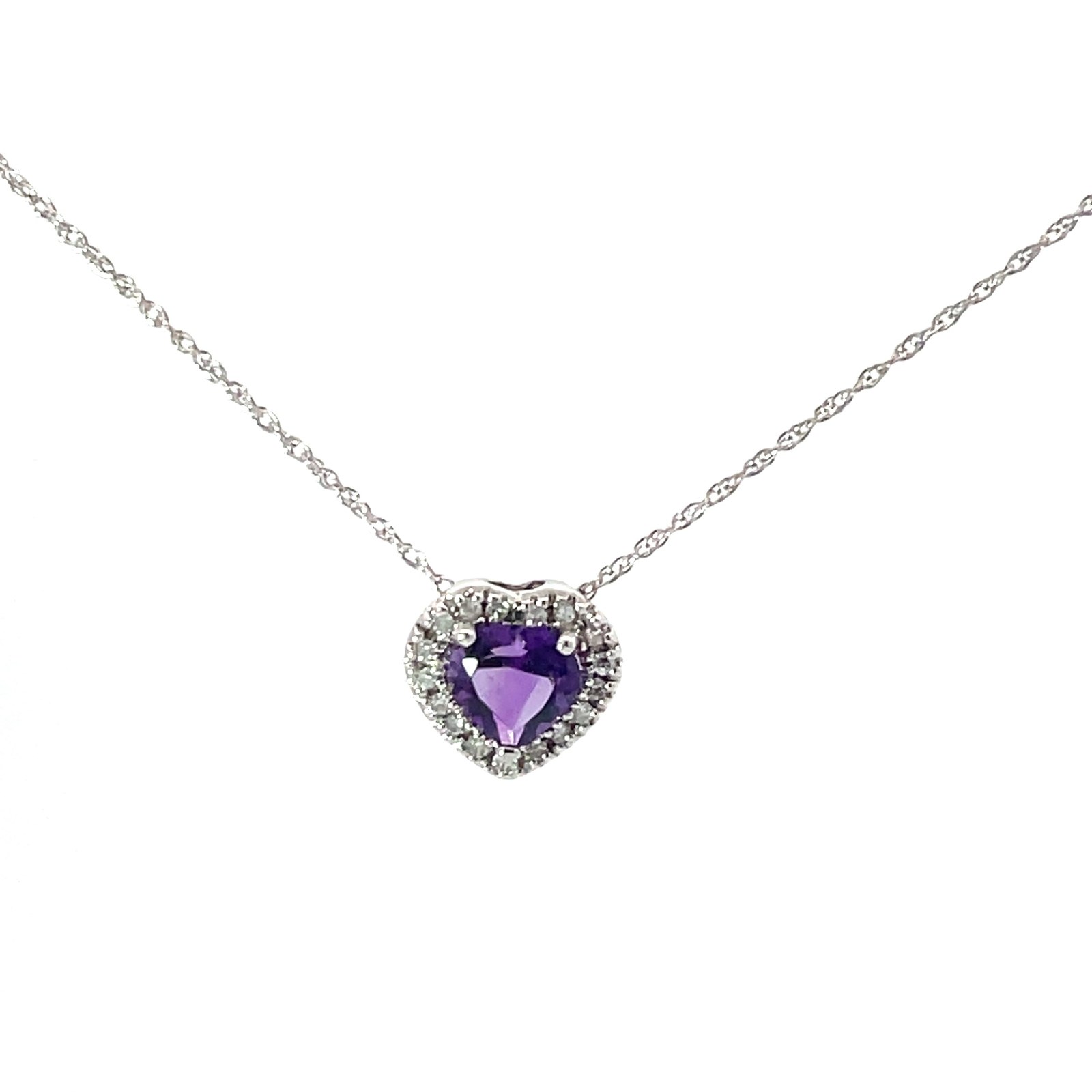 B 10kt white gold diamond and amethyst heart shape halo pendant A tw 0.56cts D tw 0.08cts