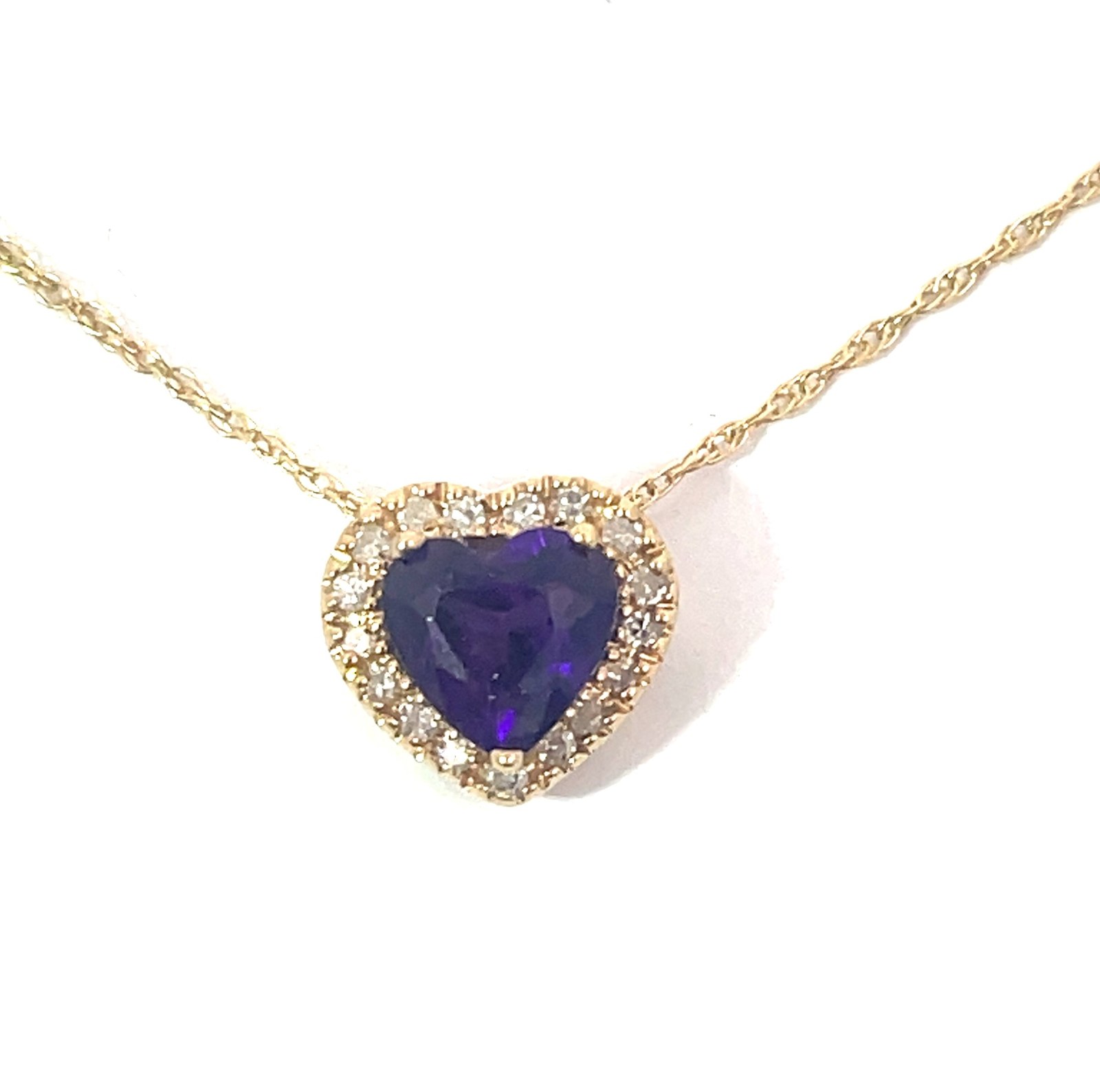 B 10kt yellow gold genuine amethyst and diamond heart halo pendant A tw 0.56cts D tw 0.08cts SI, H