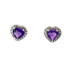 14kt white gold diamond and amethyst heart halo stud earring D tw 0.16cts A tw 1.12cts SI, H/I