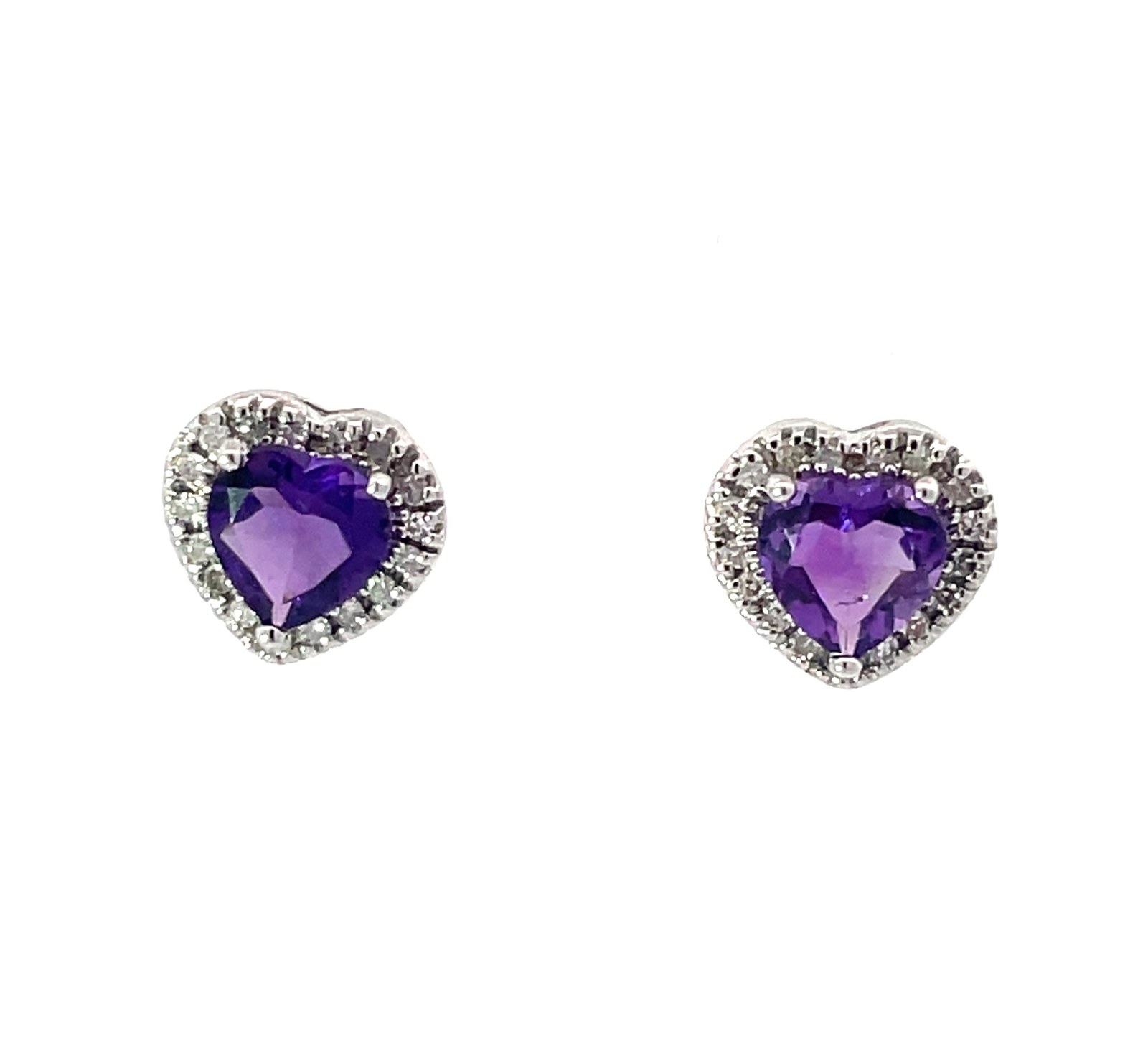 B 14kt white gold diamond and amethyst heart halo stud earring D tw 0.16cts A tw 1.12cts SI, H/I