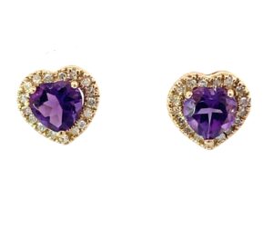 14kt yellow gold diamond and genuine amethyst heart halo stud earring D tw 0.16cts A tw 1.12cts SI,