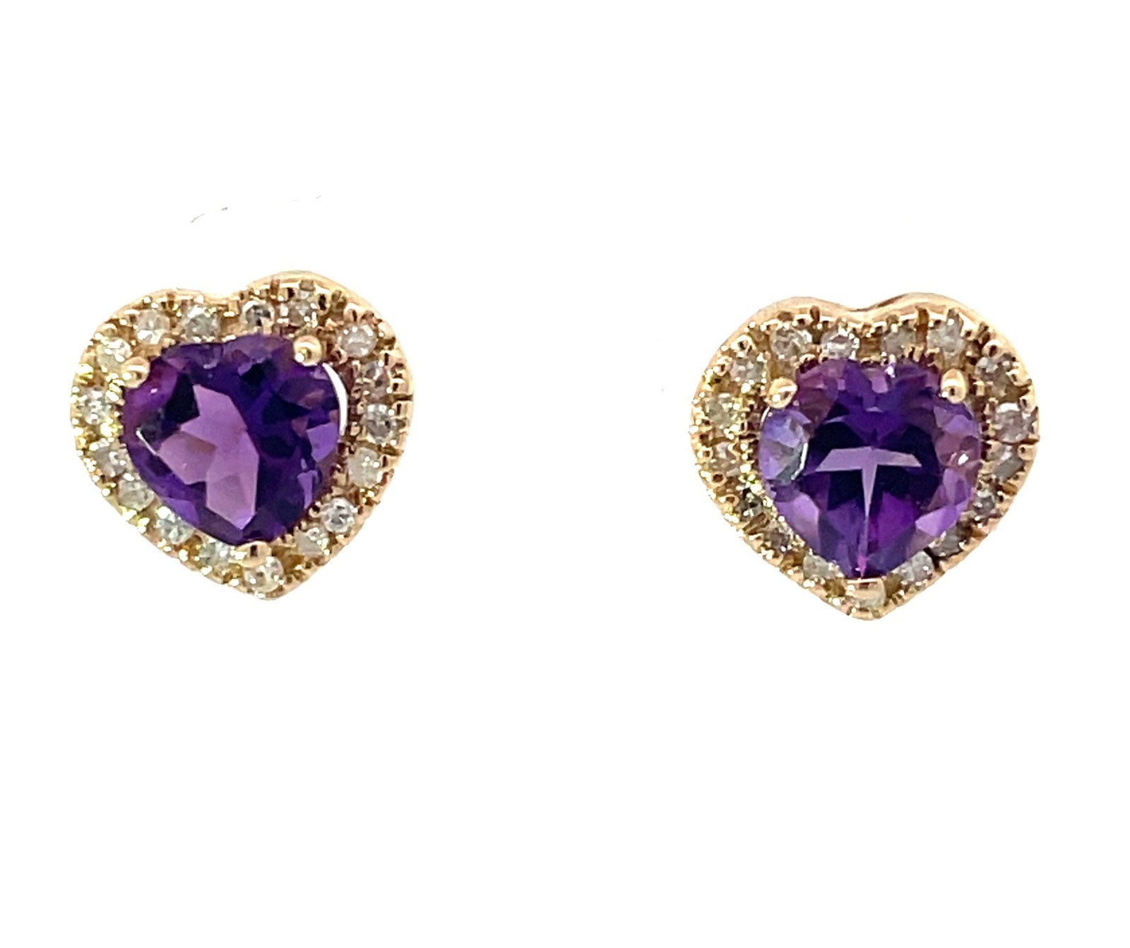 B 14kt yellow gold diamond and genuine amethyst heart halo stud earring D tw 0.16cts A tw 1.12cts SI,