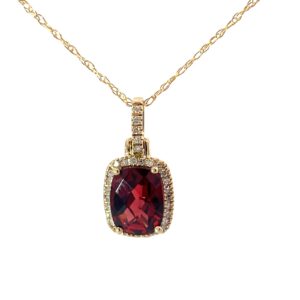 14kt yellow gold checkboard genuine garnet and diamond halo pendant D tw 0.11cts G tw 2.24cts SI, I color