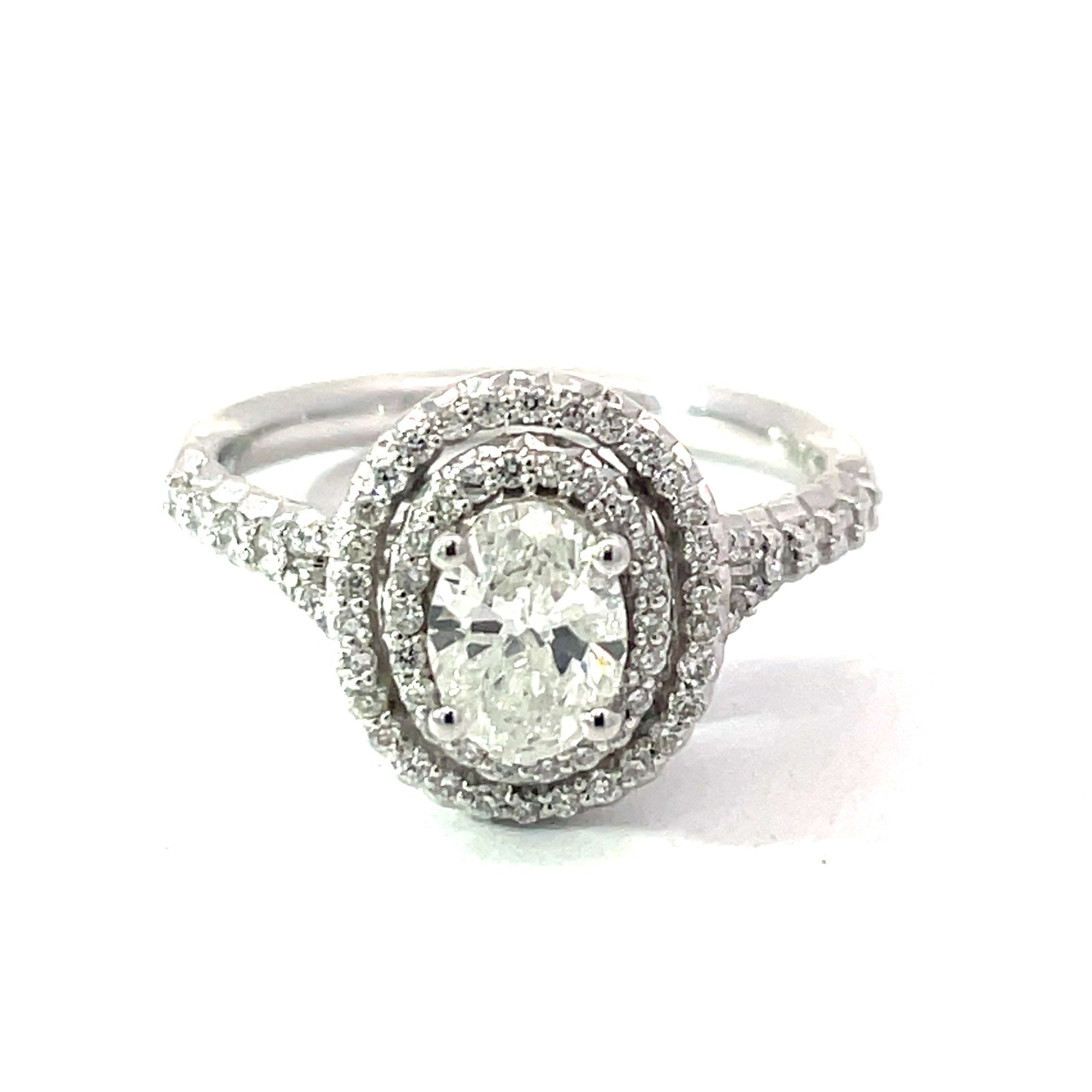 B .jpg 14kt white gold double oval halo engagement ring C tw 0.69cts tw 1.07cts SI2/I1 clarity, near colorless I color
