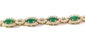 14kt yellow gold genuine emerald and diamond fashion bracelet D tw 2.60cts E tw 2.97cts VS2, near colorless F color with foldunder safety