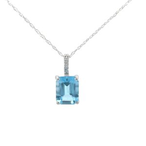 14kt white gold diamond and emerald cut genuine blue topaz pendant D tw 0.02cts B tw 3.28cts SI2 clarity, near colorless I color
