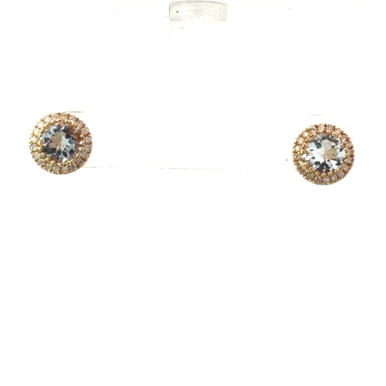 14kt yellow gold genuine aquamarine and diamond halo stud earrings A tw 1.20cts D tw 0.19cts SI2 clarity, near colorless I