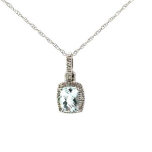 14kt white gold genuine aquamarine and diamond checkerboard pendant A tw 0.68cts D tw 0.09cts SI2/I1 clarity, near colorless I color on 18" machine made rope