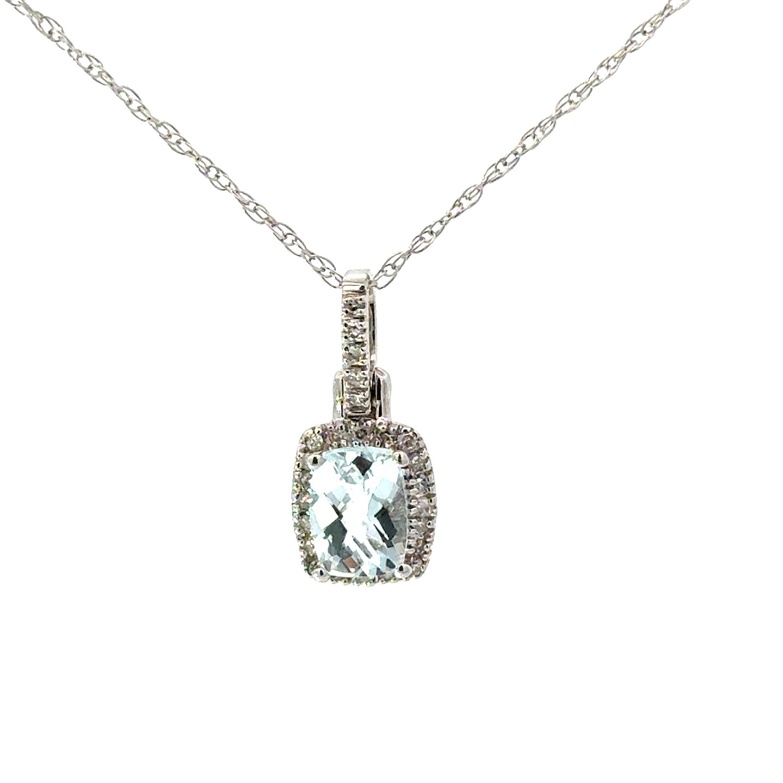 14kt white gold genuine aquamarine and diamond checkerboard pendant A tw 0.68cts D tw 0.09cts SI2/I1 clarity, near colorless I color on 18" machine made rope