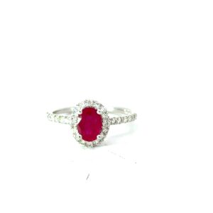 14kt white gold diamond and genuine ruby halo ring D tw 0.45cts R tw 1.04cts SI1 clarity, near colorless H/I color