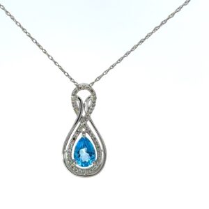 14kt white gold diamond and genuine blue topaz pear shape halo pendant BT tw 0.75cts D tw 0.17cts SI, I color