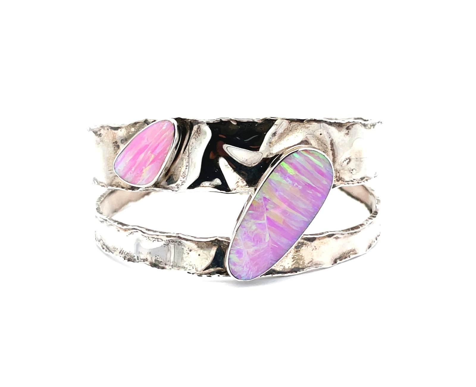 B ss double thick shiny/ hammered edges with large bezel pink opal sm bezel triangular pink opal bracelet