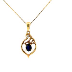 14Kt Yellow Gold Genuine Oval Sapphire And Diamond Pendant On Petite Box Chain With Spring Ring Clasp