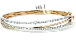 14kt two tone multi row diamond crossover bangle brac. with two foldover tw 1.32cts SI clarity, H/I color