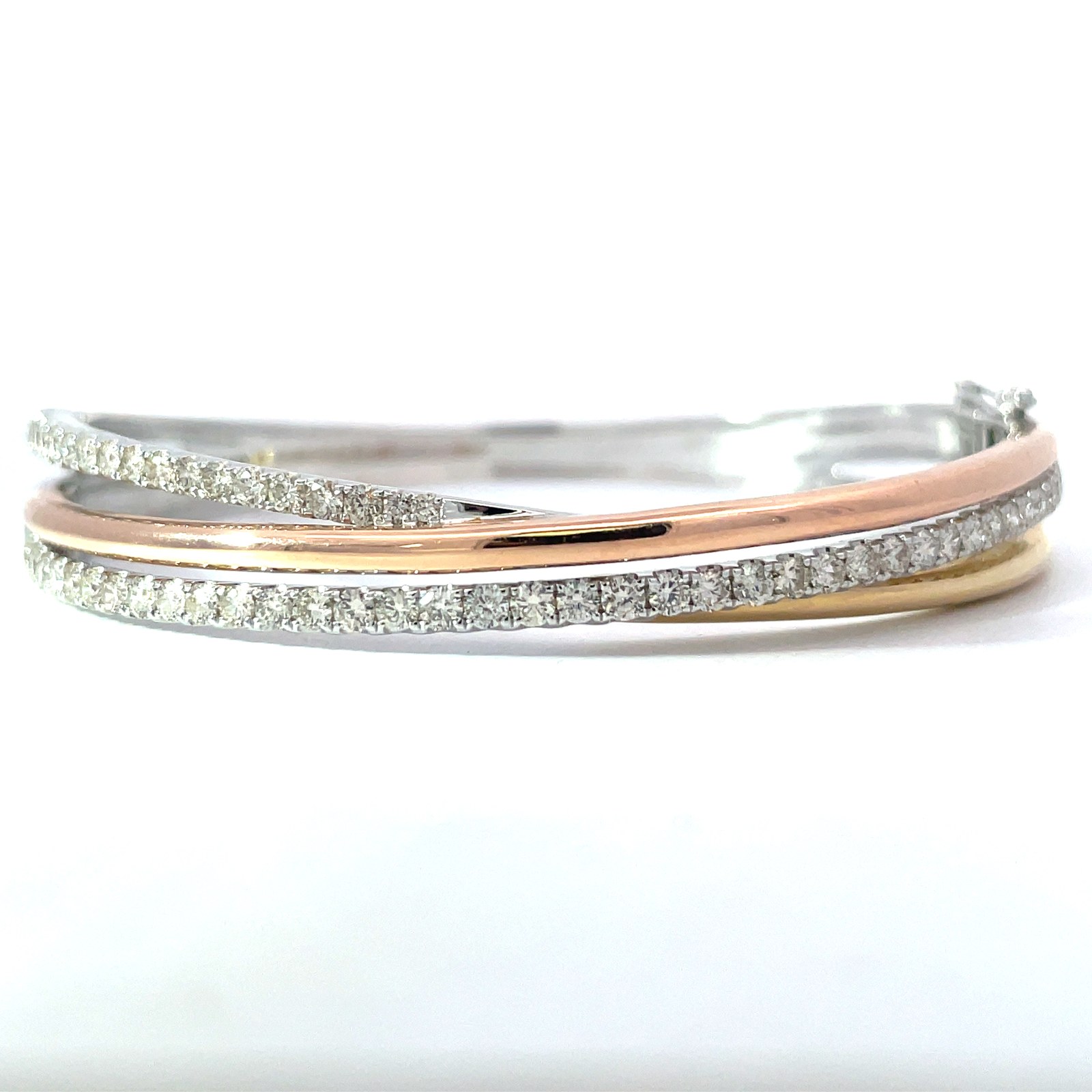 BD .jpg 14kt tri colored daimond double row cross over bangle bracelet D tw 1.84cts VS2/SI1 clarity, near colorless G/H color