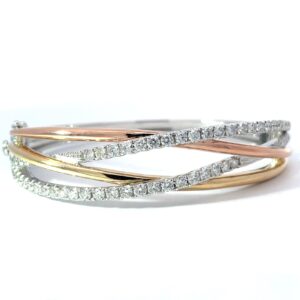 14kt tri colorled crossover diamond bangle bracelet D tw 2.68cts VS2 clarity, Colorless F color